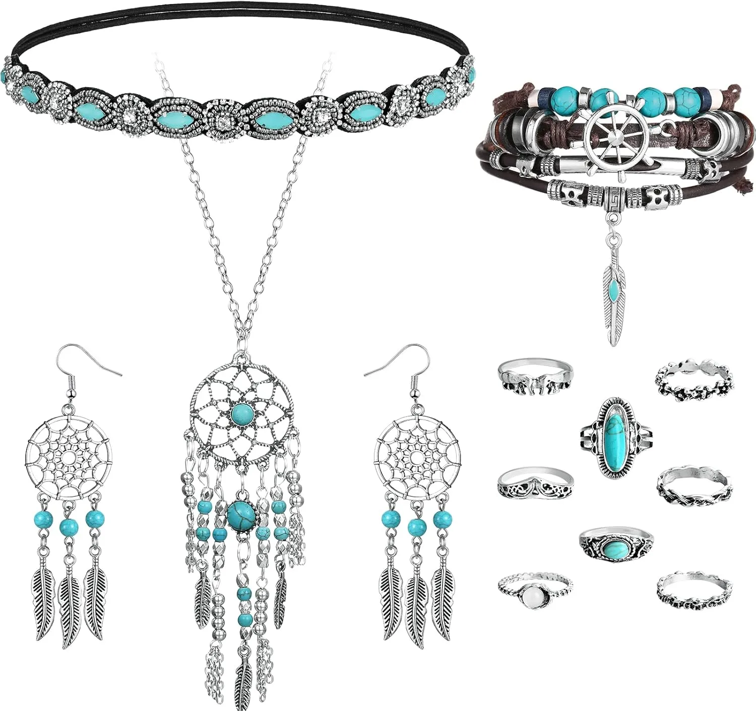 Fumete 13 Pcs Turquoise Boho Jewelry Set, Multilayer Hand Woven Wristband, Vintage Turquoise Feather Pendant Necklace Earrings, Rhinestone Beaded Elastic Headband, 8 Knuckle Ring Set