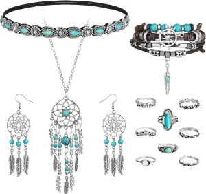 Fumete 13 Pcs Turquoise Boho Jewelry Set, Multilayer Hand Woven Wristband, Vintage Turquoise Feather Pendant Necklace Earrings, Rhinestone Beaded Elastic Headband, 8 Knuckle Ring Set
