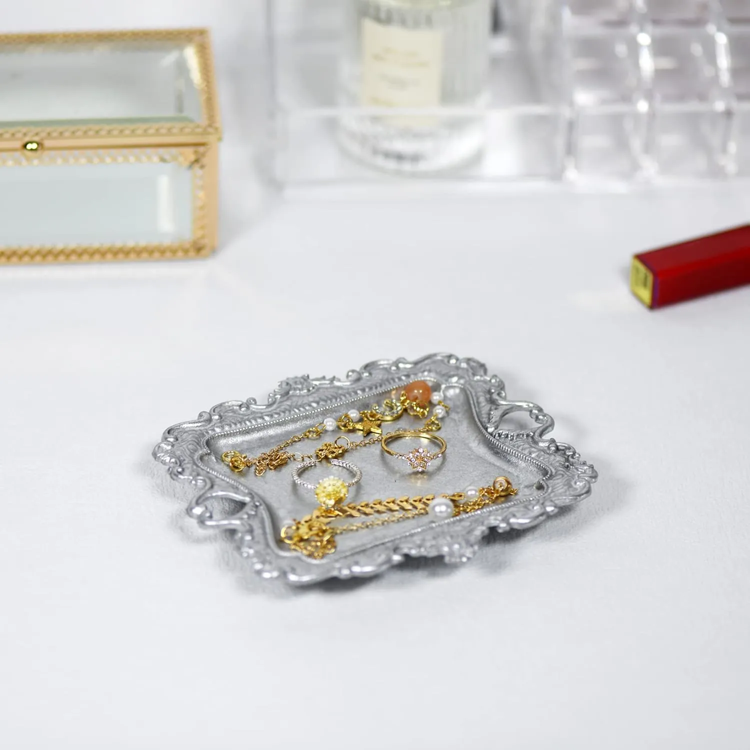Funly mee Antique Trinket Dish Vintage Jewelry Tray, Ring Holder (Sliver, S)