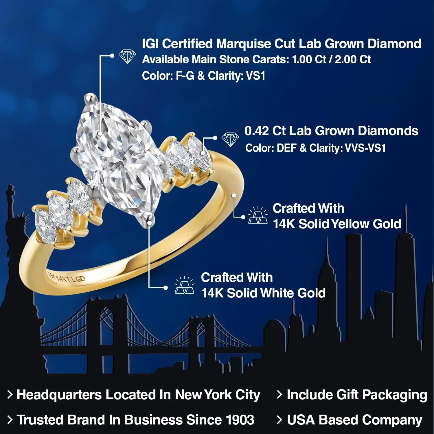 Gem Stone King 1 to 2 Carat 14K Two Tone Gold IGI Certified Marquise Cut White Lab Grown Diamond Engagement Ring For Women | F-G Color | VS1 Clarity | Available in Size 5, 6, 7, 8, 9