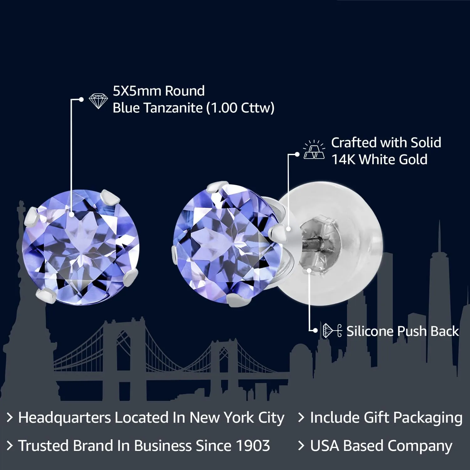 Gem Stone King 1.00 Ct Round Cut Tanzanite Solid 14K White Gold Stud Earrings For Women Men 5mm