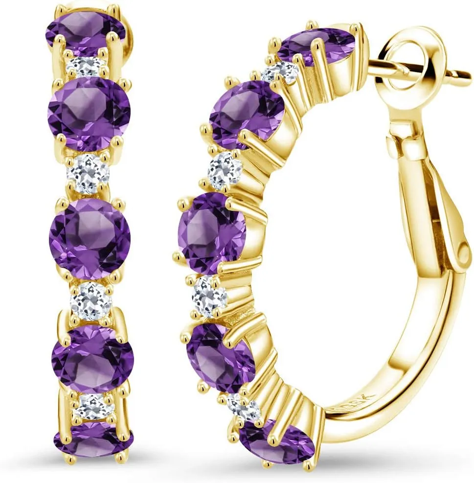 Gem Stone King 18K Yellow Gold Plated Silver Gemstone Birthstone and White Topaz Hoop Earrings for Women | Round Cut 4MM and 1.9MM Stones | 1 Inch Diameter Hoops | Fine Jewelry for Her Mom Wife Women