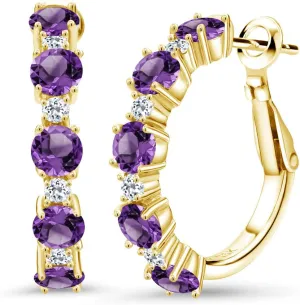 Gem Stone King 18K Yellow Gold Plated Silver Gemstone Birthstone and White Topaz Hoop Earrings for Women | Round Cut 4MM and 1.9MM Stones | 1 Inch Diameter Hoops | Fine Jewelry for Her Mom Wife Women