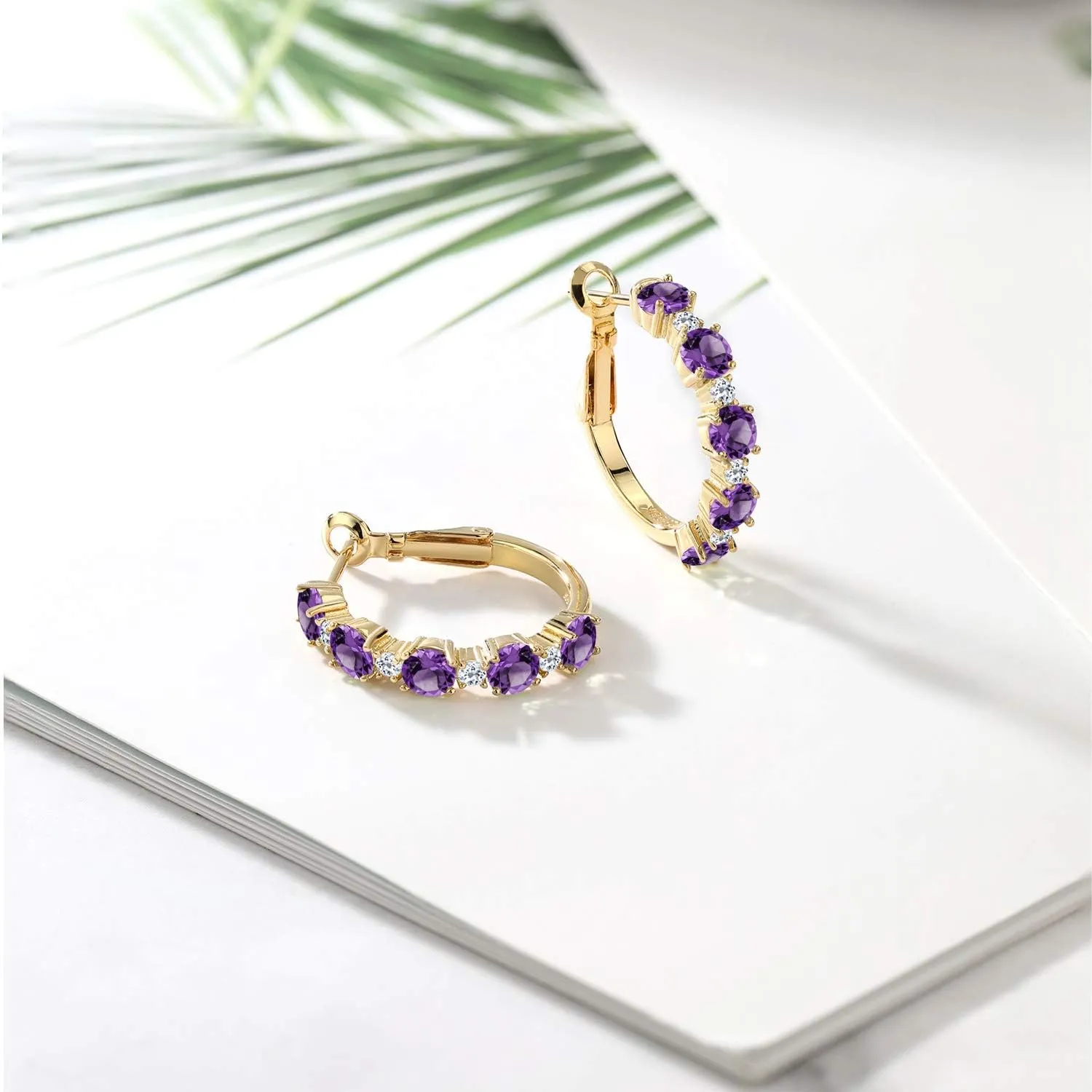 Gem Stone King 18K Yellow Gold Plated Silver Gemstone Birthstone and White Topaz Hoop Earrings for Women | Round Cut 4MM and 1.9MM Stones | 1 Inch Diameter Hoops | Fine Jewelry for Her Mom Wife Women