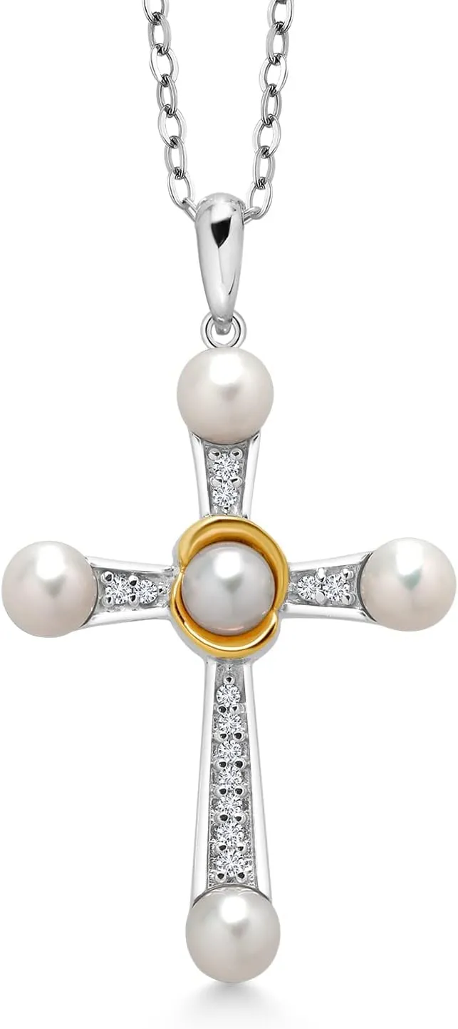 Gem Stone King 925 Silver and 10K Yellow Gold Cultured Freshwater Pearl and Lab Grown Diamond Cross Pendant Necklace for Women | 0.10 Cttw | Round 4-4.5MM Pearls | 18 Inch Chain