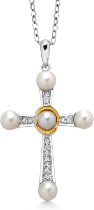 Gem Stone King 925 Silver and 10K Yellow Gold Cultured Freshwater Pearl and Lab Grown Diamond Cross Pendant Necklace for Women | 0.10 Cttw | Round 4-4.5MM Pearls | 18 Inch Chain