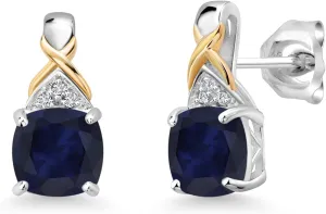 Gem Stone King 925 Sterling Silver and 10K Yellow Gold 6MM Cushion Gemstone Birthstone and White Lab Grown Diamond Earrings For Women