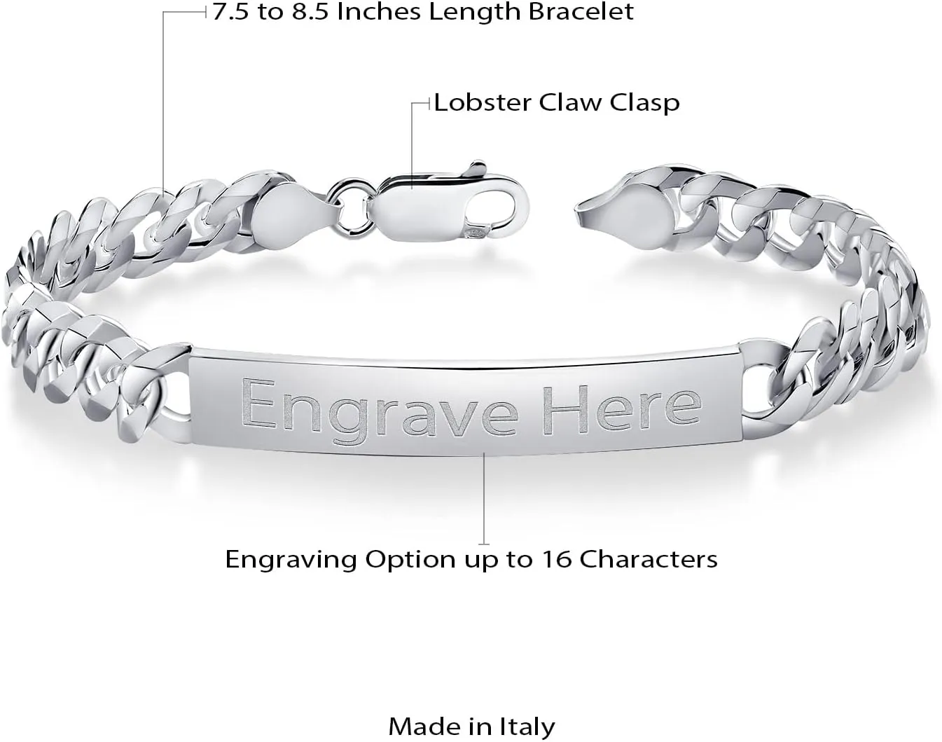 Gem Stone King Men's 925 Sterling Silver Personalized Engravable ID Name Bracelet For Men | Curb Chain 7.5, 8 or 8.5 Inch | 7MM Wide | Lobster Clasp | Made in Italy