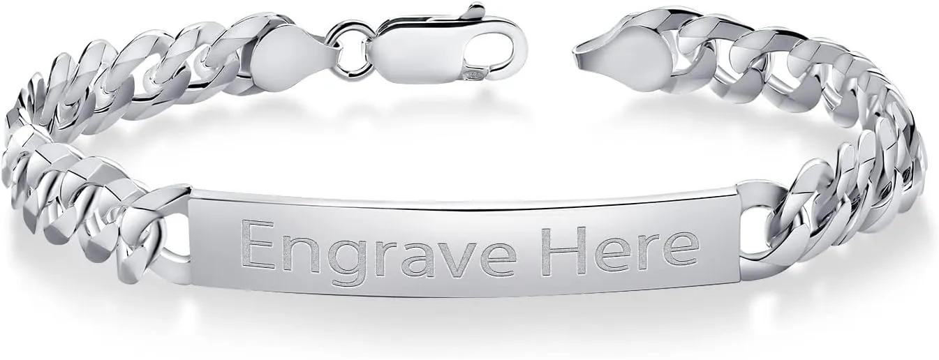 Gem Stone King Men's 925 Sterling Silver Personalized Engravable ID Name Bracelet For Men | Curb Chain 7.5, 8 or 8.5 Inch | 7MM Wide | Lobster Clasp | Made in Italy