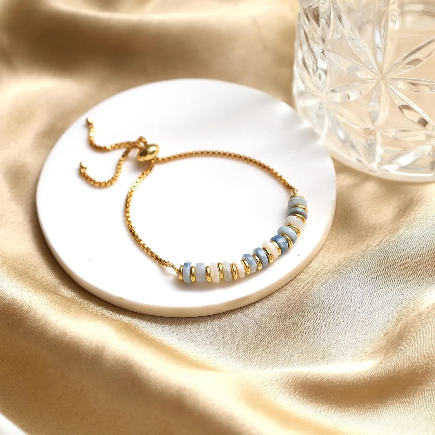 Gempires Blue Opal Beaded Bracelet October Birthstone Crystal Jewelry Hypoallergenic 6-8 Inch Gold Plated Lightweight Slider Bracelets For Women
