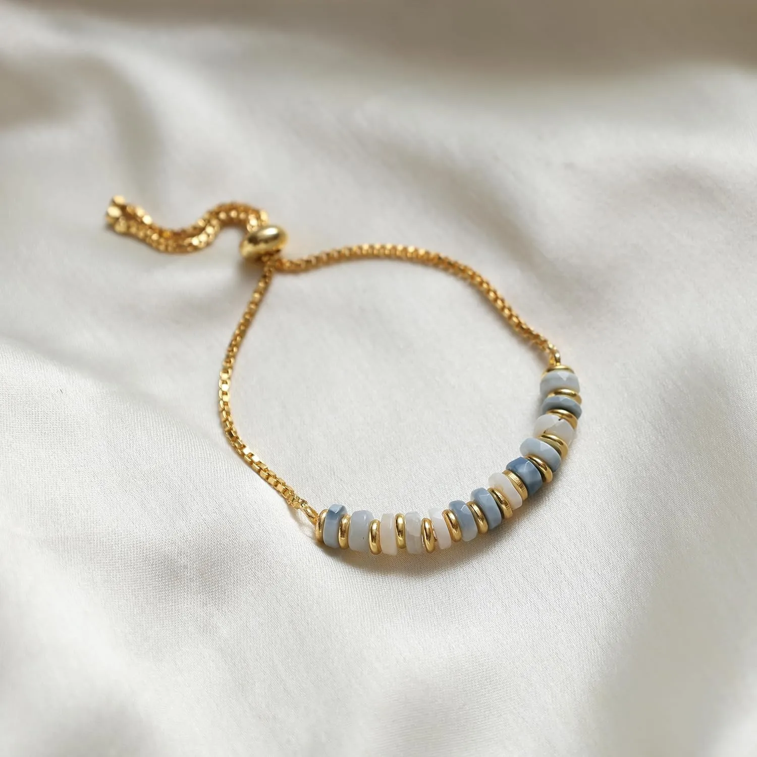 Gempires Blue Opal Beaded Bracelet October Birthstone Crystal Jewelry Hypoallergenic 6-8 Inch Gold Plated Lightweight Slider Bracelets For Women