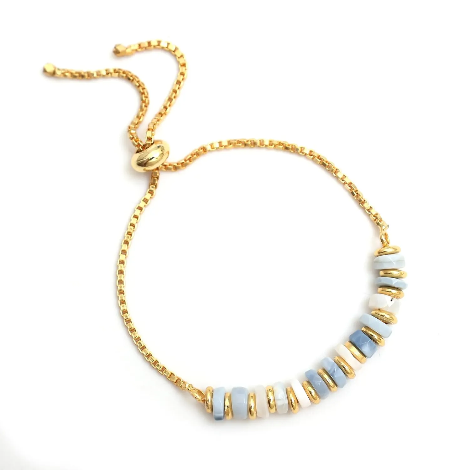 Gempires Blue Opal Beaded Bracelet October Birthstone Crystal Jewelry Hypoallergenic 6-8 Inch Gold Plated Lightweight Slider Bracelets For Women