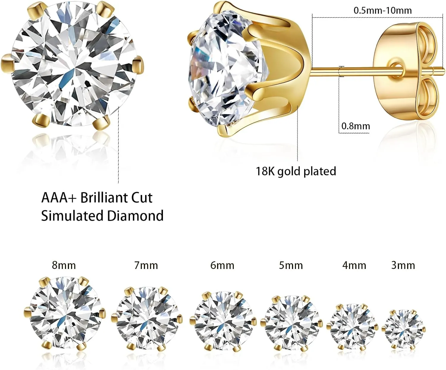 Gemsme 5 Pairs Princess Cut Cubic Zirconia Stud Earrings for Women/Men - 18K Gold Plated Hypoallergenic 3-7mm Square Clear CZ Earring Set