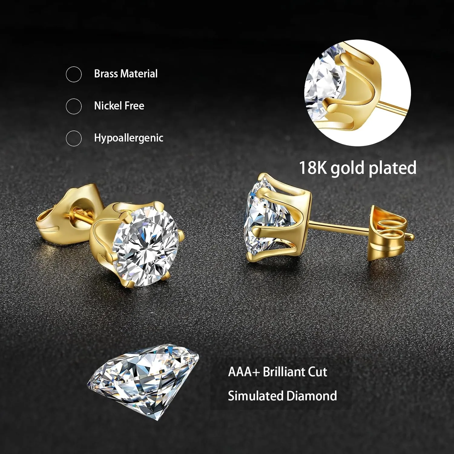 Gemsme 5 Pairs Princess Cut Cubic Zirconia Stud Earrings for Women/Men - 18K Gold Plated Hypoallergenic 3-7mm Square Clear CZ Earring Set
