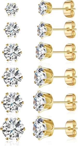 Gemsme 5 Pairs Princess Cut Cubic Zirconia Stud Earrings for Women/Men - 18K Gold Plated Hypoallergenic 3-7mm Square Clear CZ Earring Set