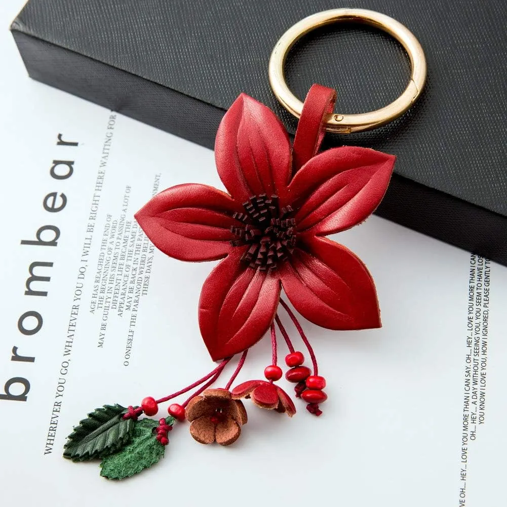 Genuine Leather Flower Tassel Keychain Car Keyring Fob Boho Accessorie for Women