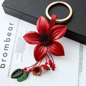 Genuine Leather Flower Tassel Keychain Car Keyring Fob Boho Accessorie for Women