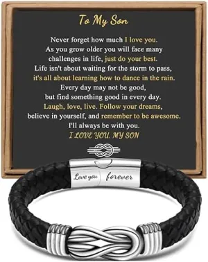 Gift for Men Black Braided Leather Infinity Bracelet for Men Dad Husband Boyfriend Son Grandson Brother Nephew Uncle Forever Linked Together Stainless Steel Engraved with Love You Forever Jewelry 7.5|8.5|9 Inches