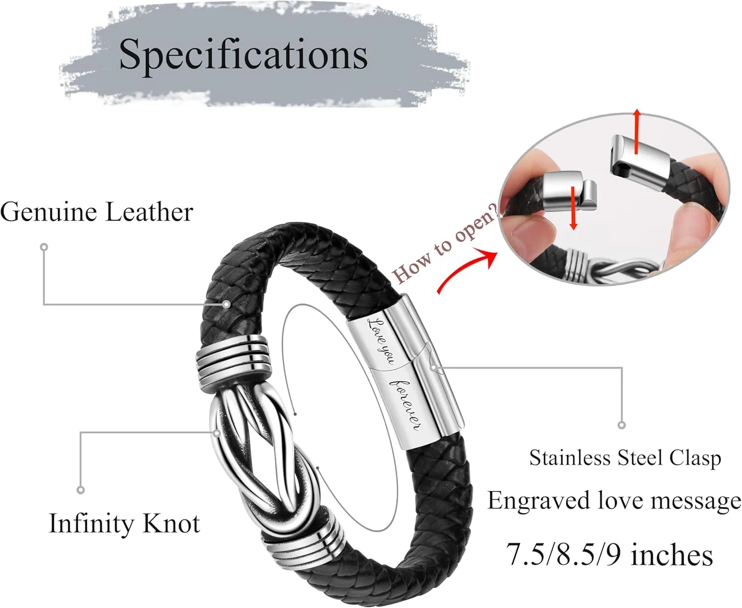 Gift for Men Black Braided Leather Infinity Bracelet for Men Dad Husband Boyfriend Son Grandson Brother Nephew Uncle Forever Linked Together Stainless Steel Engraved with Love You Forever Jewelry 7.5|8.5|9 Inches