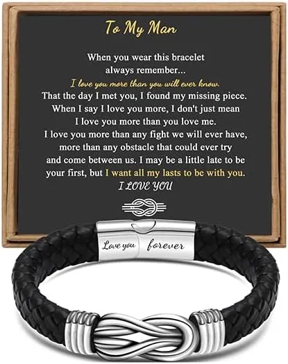 Gift for Men Black Braided Leather Infinity Bracelet for Men Dad Husband Boyfriend Son Grandson Brother Nephew Uncle Forever Linked Together Stainless Steel Engraved with Love You Forever Jewelry 7.5|8.5|9 Inches
