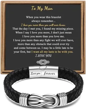 Gift for Men Black Braided Leather Infinity Bracelet for Men Dad Husband Boyfriend Son Grandson Brother Nephew Uncle Forever Linked Together Stainless Steel Engraved with Love You Forever Jewelry 7.5|8.5|9 Inches