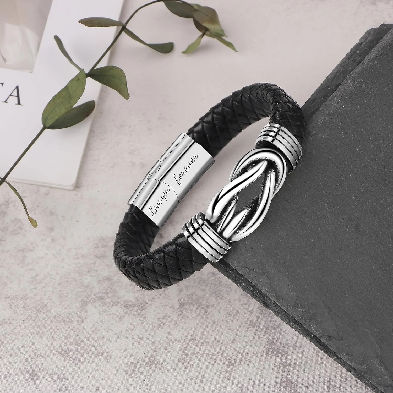 Gift for Men Black Braided Leather Infinity Bracelet for Men Dad Husband Boyfriend Son Grandson Brother Nephew Uncle Forever Linked Together Stainless Steel Engraved with Love You Forever Jewelry 7.5|8.5|9 Inches