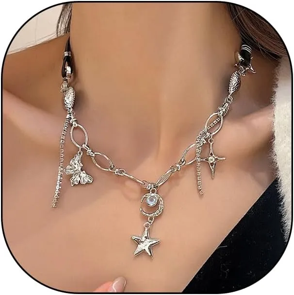 GIGB PBDK Boho Moon Star Butterfly Pendant Necklace for Women Lover,Dainty Crystal Heart Choker Adjustable Chain Necklace Beach Holiday Jewelry Gift