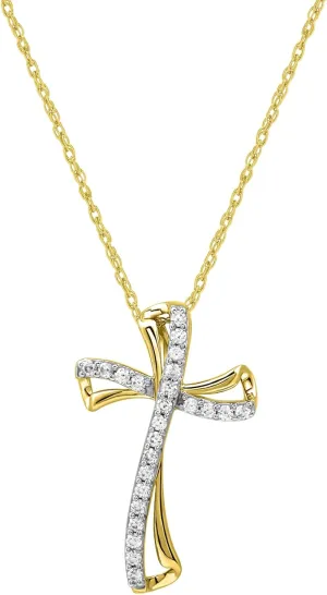 GILDED 10K Yellow Gold - 14K Yellow Gold Plated over 925 Sterling Silver Necklace for Women with Natural Round-Cut Diamond Twist Cross Pendant, 18" Cable Chain, 1/4 Carat Total Weight & Elegant Gift Box Included