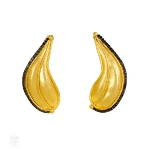 Gold and black diamond leaf form earrings, Sara Bacsh