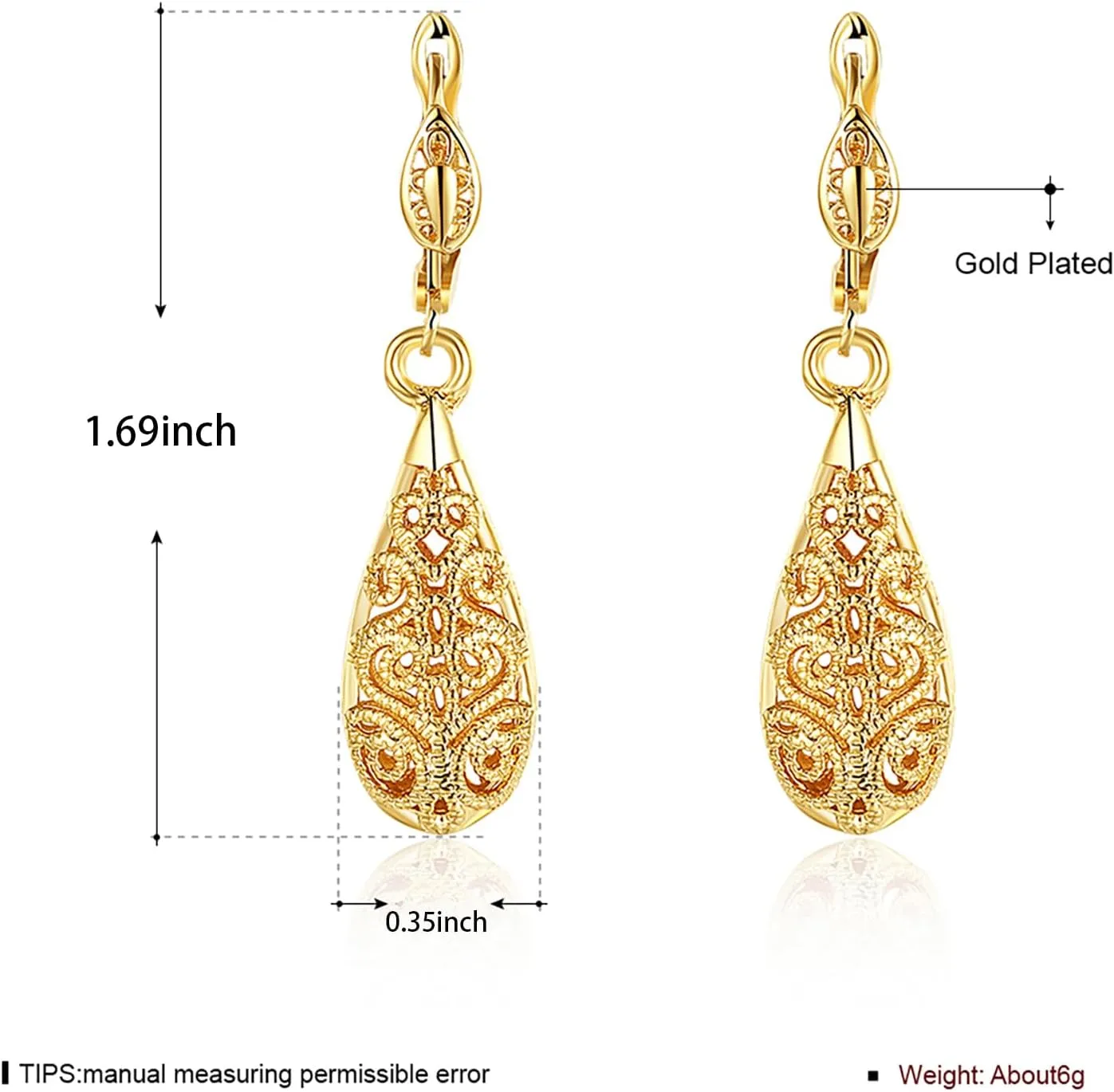 Gold Dangle Earrings for Women, 18K Gold Plated Waterdrop Cutout Drop Earrings