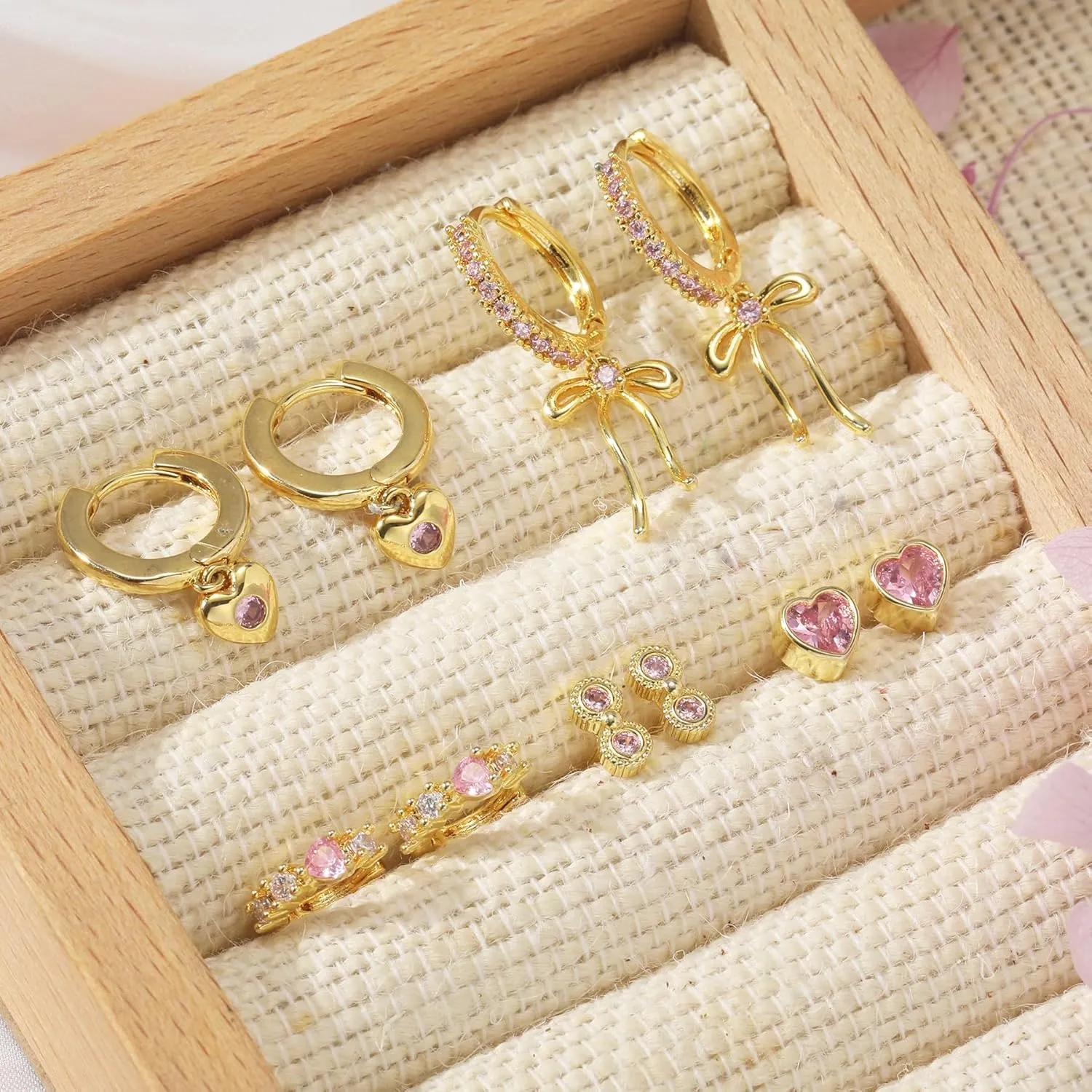 Gold Earrings Set for Women 14K Gold Plated Cubic Zirconia Love Heart Bowknot Clover Fruit Flower Insect Ocean Cross Huggie Hoop Earrings Stud Earrings Set for Multiple Piercing Party Jewelry Gifts