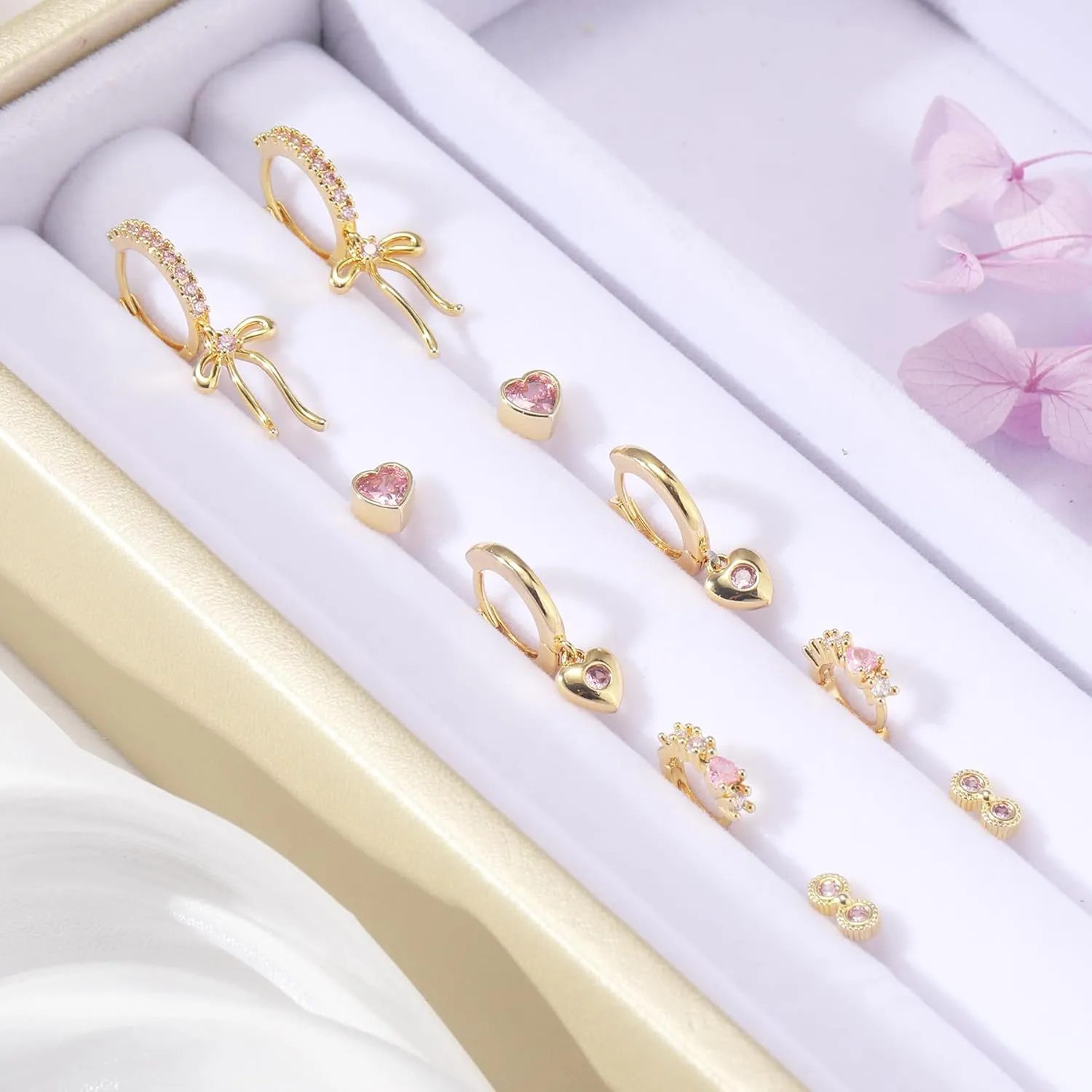 Gold Earrings Set for Women 14K Gold Plated Cubic Zirconia Love Heart Bowknot Clover Fruit Flower Insect Ocean Cross Huggie Hoop Earrings Stud Earrings Set for Multiple Piercing Party Jewelry Gifts