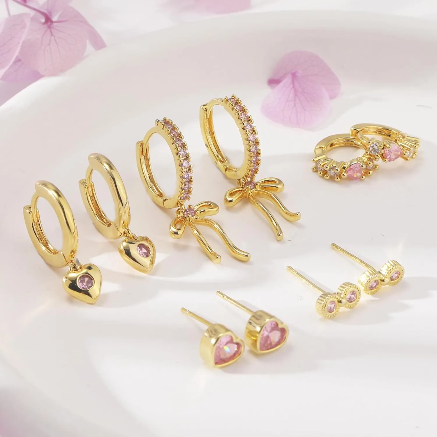 Gold Earrings Set for Women 14K Gold Plated Cubic Zirconia Love Heart Bowknot Clover Fruit Flower Insect Ocean Cross Huggie Hoop Earrings Stud Earrings Set for Multiple Piercing Party Jewelry Gifts