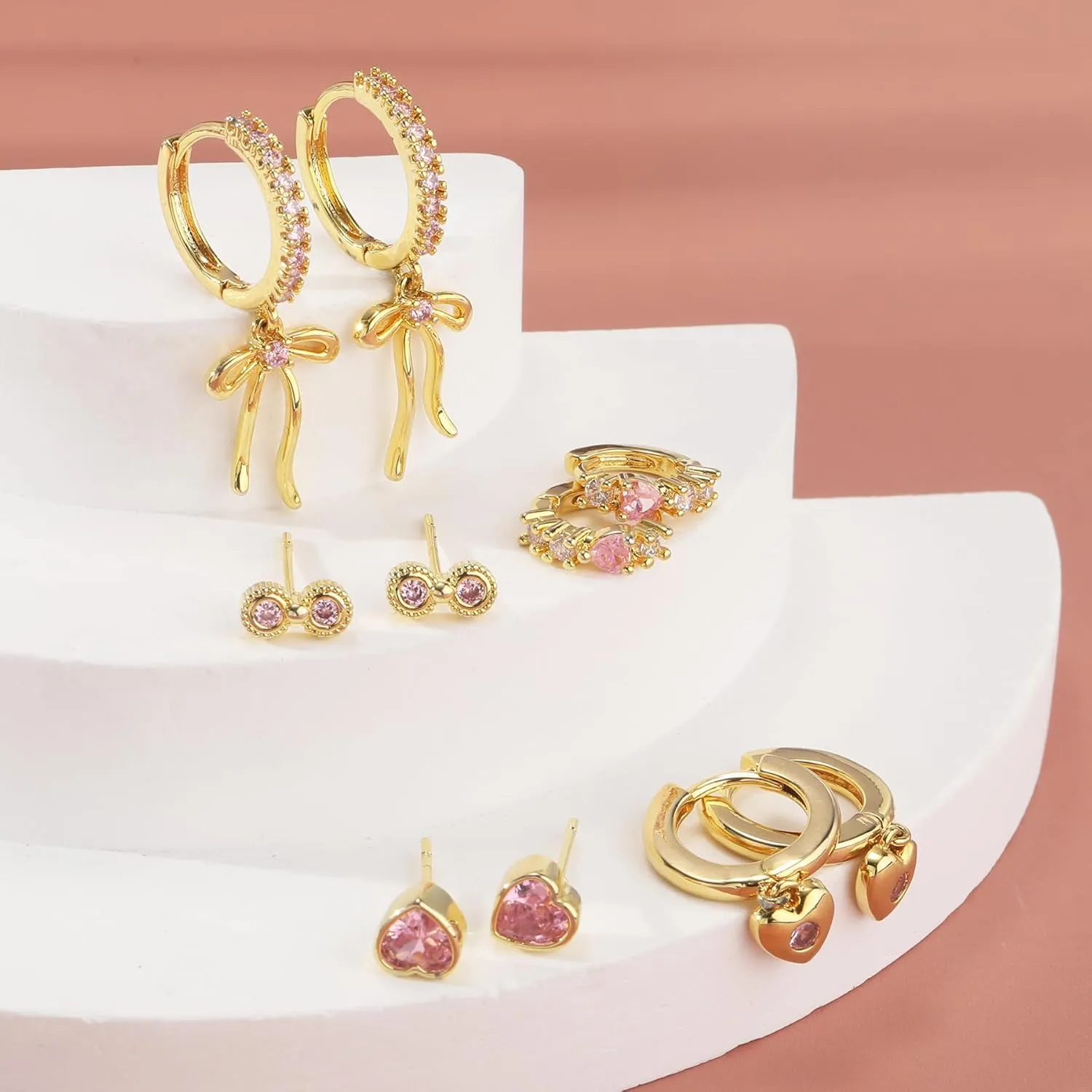Gold Earrings Set for Women 14K Gold Plated Cubic Zirconia Love Heart Bowknot Clover Fruit Flower Insect Ocean Cross Huggie Hoop Earrings Stud Earrings Set for Multiple Piercing Party Jewelry Gifts