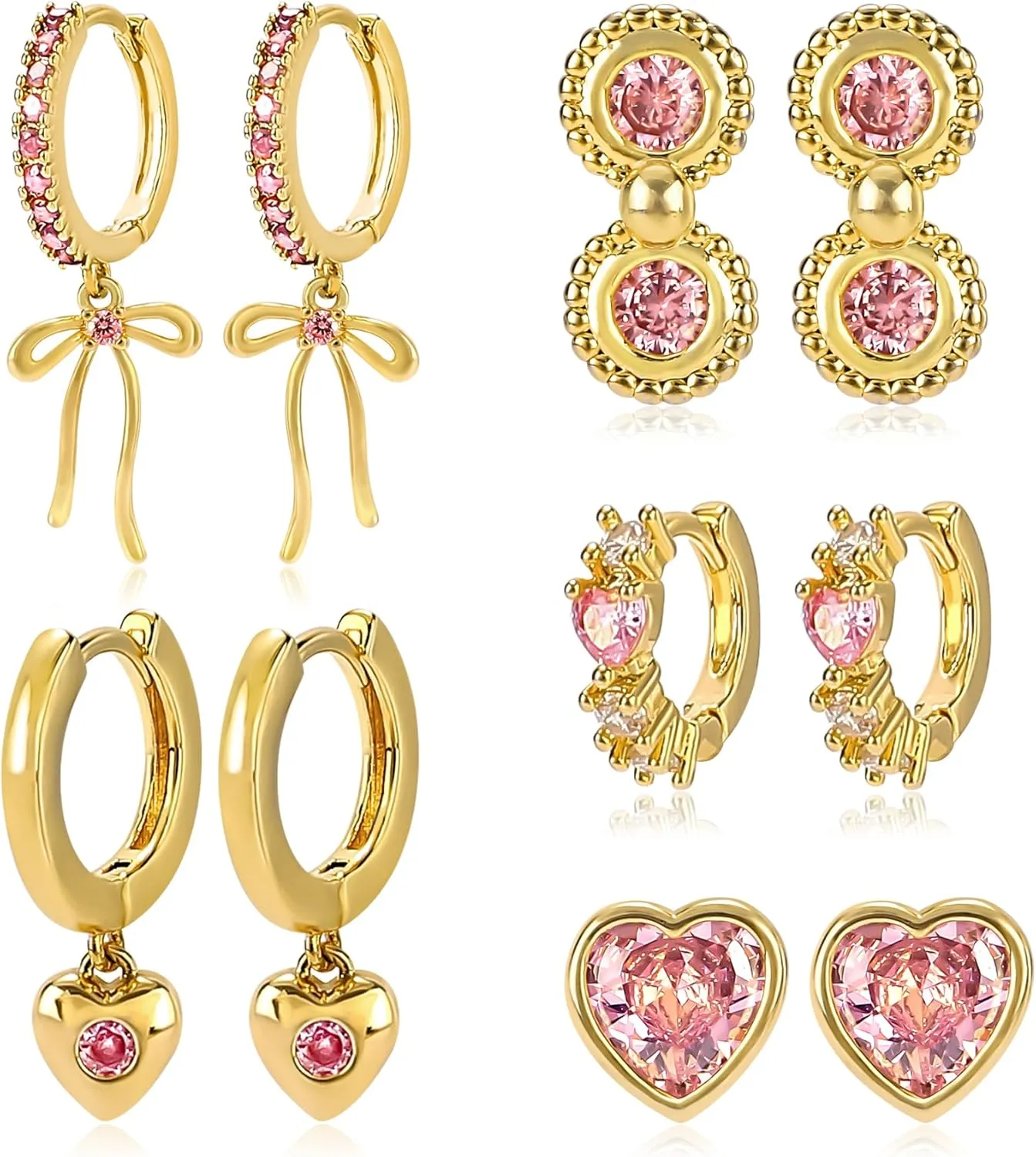 Gold Earrings Set for Women 14K Gold Plated Cubic Zirconia Love Heart Bowknot Clover Fruit Flower Insect Ocean Cross Huggie Hoop Earrings Stud Earrings Set for Multiple Piercing Party Jewelry Gifts