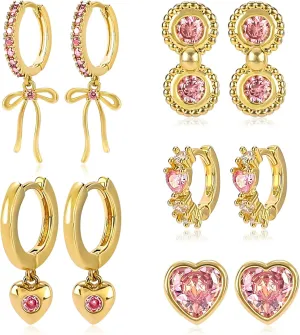 Gold Earrings Set for Women 14K Gold Plated Cubic Zirconia Love Heart Bowknot Clover Fruit Flower Insect Ocean Cross Huggie Hoop Earrings Stud Earrings Set for Multiple Piercing Party Jewelry Gifts