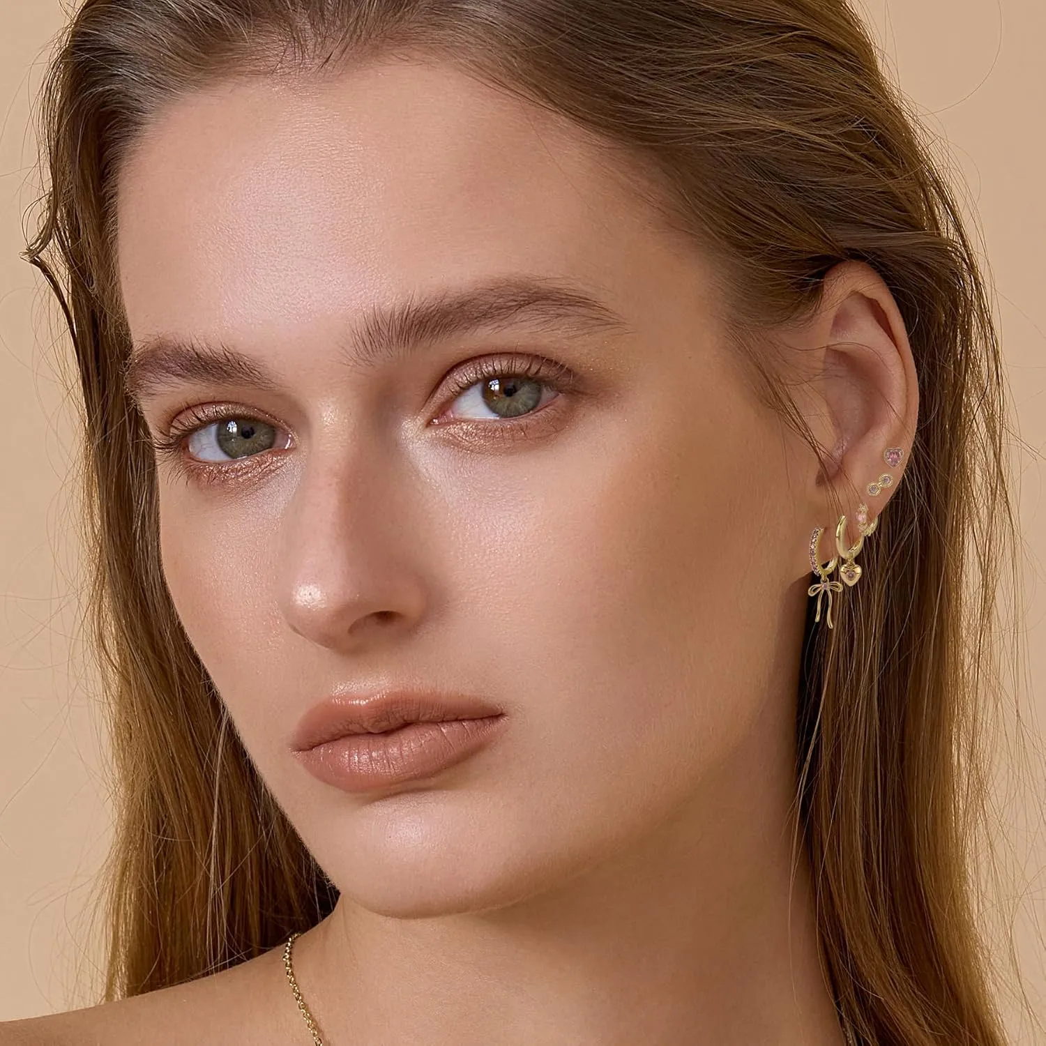 Gold Earrings Set for Women 14K Gold Plated Cubic Zirconia Love Heart Bowknot Clover Fruit Flower Insect Ocean Cross Huggie Hoop Earrings Stud Earrings Set for Multiple Piercing Party Jewelry Gifts