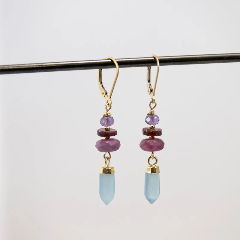 Gold Earrings with Amethyst, Ruby and a Chalcedony Point