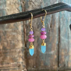 Gold Earrings with Amethyst, Ruby and a Chalcedony Point