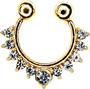 GOLD FAUX FAKE SEPTUM CLICKER CLEAR CZ Clip-On Nose Ring Non-Piercing Hanger Hoop 9076