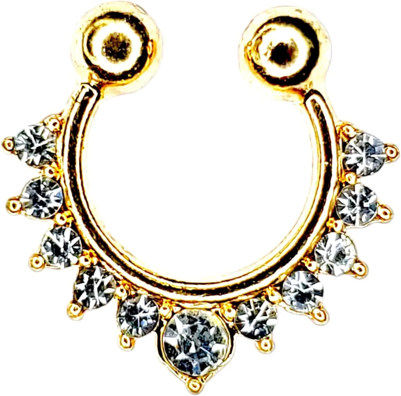 GOLD FAUX FAKE SEPTUM CLICKER CLEAR CZ Clip-On Nose Ring Non-Piercing Hanger Hoop 9076