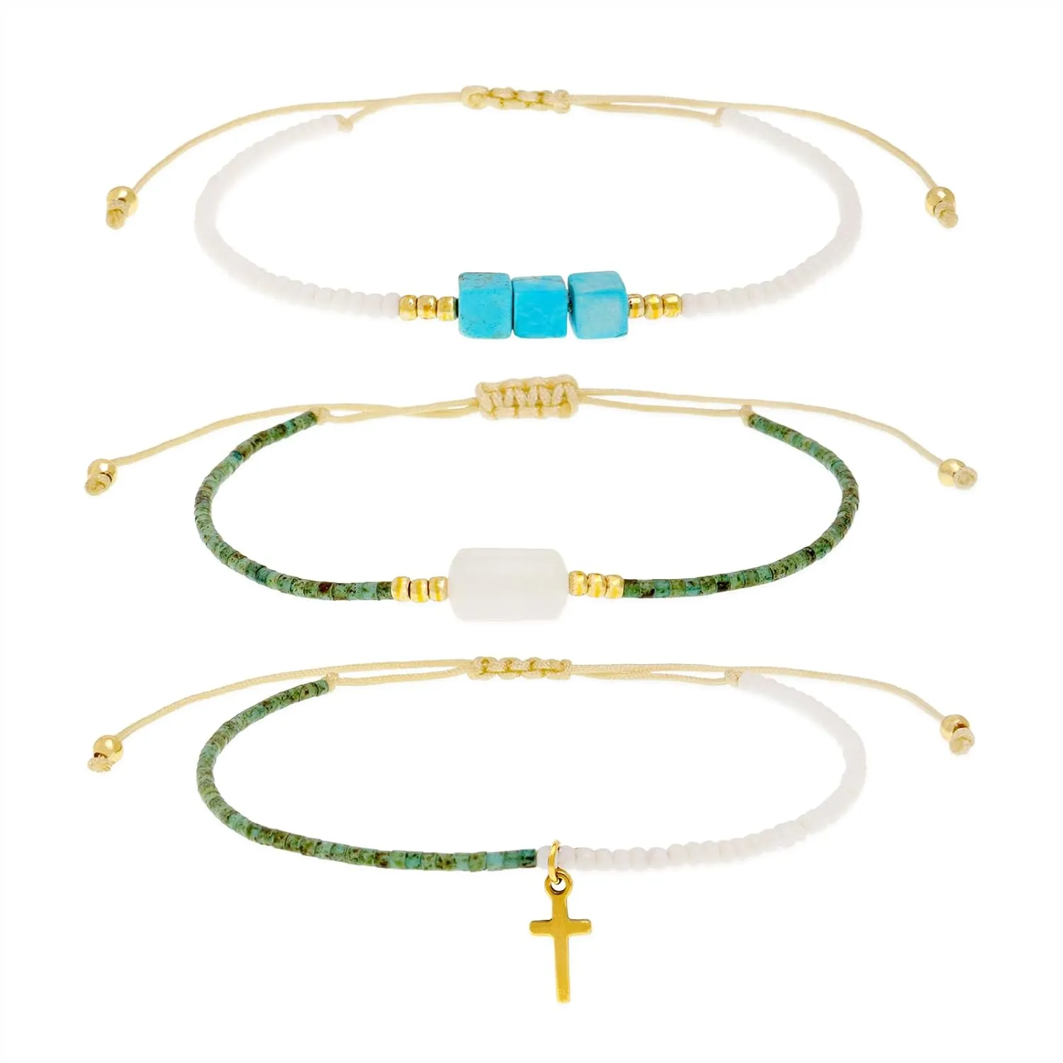 Gold Flat Tiny Beaded Bracelets Set for Women, Handmade Adjustable Friendship Strand Bracelet Festive Holiday Accessories Jewelry Gift.