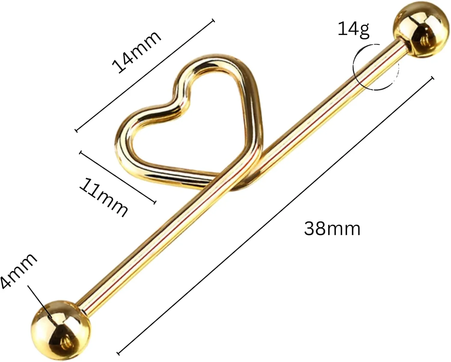 Gold Heart-Shaped Industrial Piercing  Daith, Scaffold, Cartilage Body Jewelry