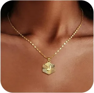 Gold Initial Necklace for Women, 14k Gold Plated Hexagon Letter Necklace for Women Men Birthday Galentines Valentine Gifts Jewelry