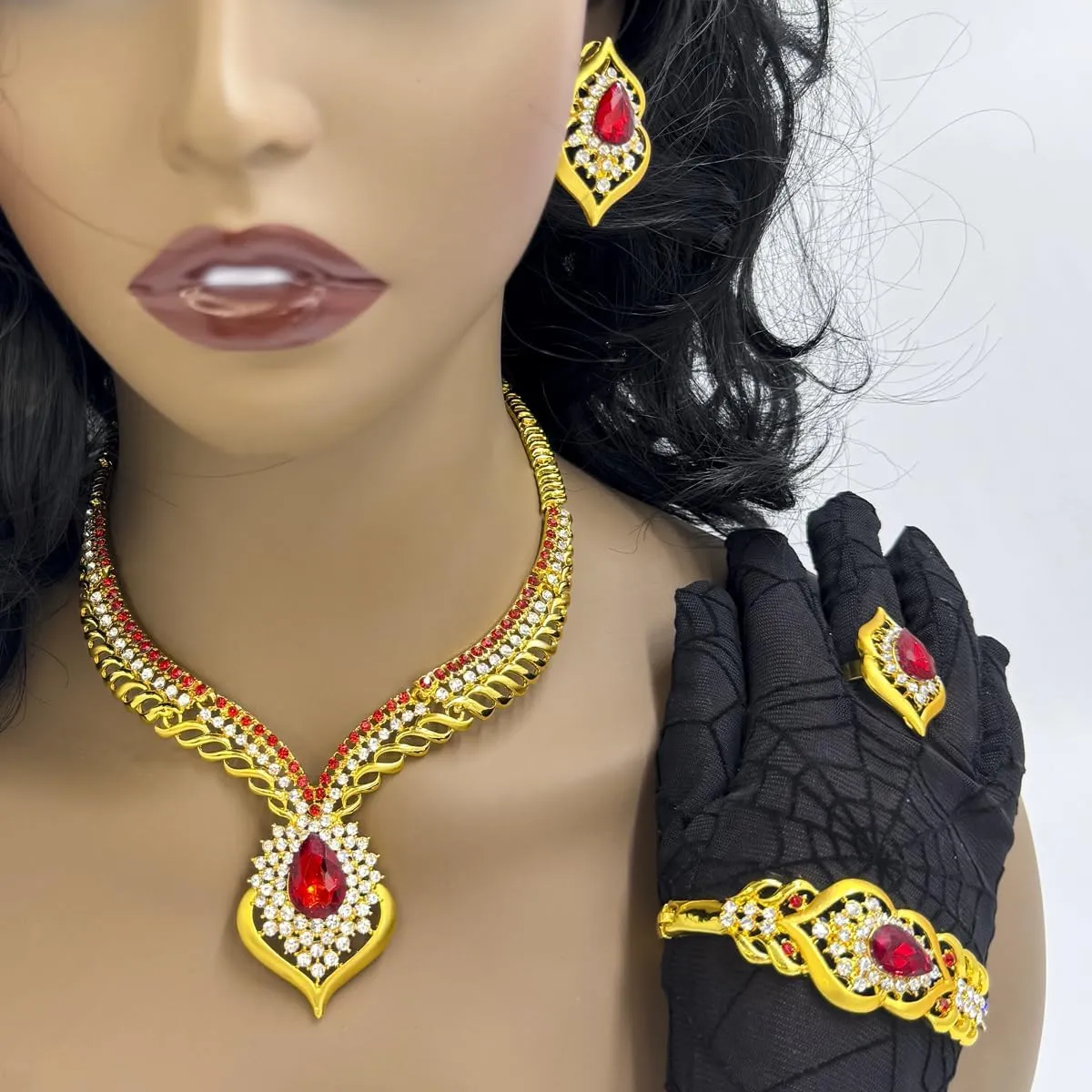 Gold Jewelry Sets for Women,Dubai Statement Necklaces Gold Bracelets Open Hoop Earrings Ring Fashion Crystal Wedding Costume Jewelry Accessories Set Mother's Day Birthday Wedding prom