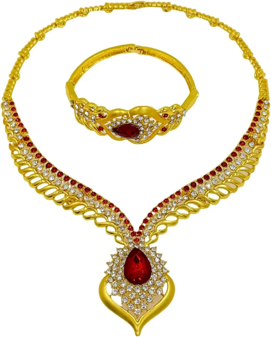 Gold Jewelry Sets for Women,Dubai Statement Necklaces Gold Bracelets Open Hoop Earrings Ring Fashion Crystal Wedding Costume Jewelry Accessories Set Mother's Day Birthday Wedding prom