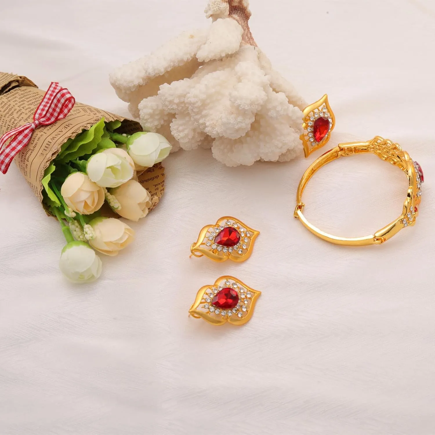 Gold Jewelry Sets for Women,Dubai Statement Necklaces Gold Bracelets Open Hoop Earrings Ring Fashion Crystal Wedding Costume Jewelry Accessories Set Mother's Day Birthday Wedding prom