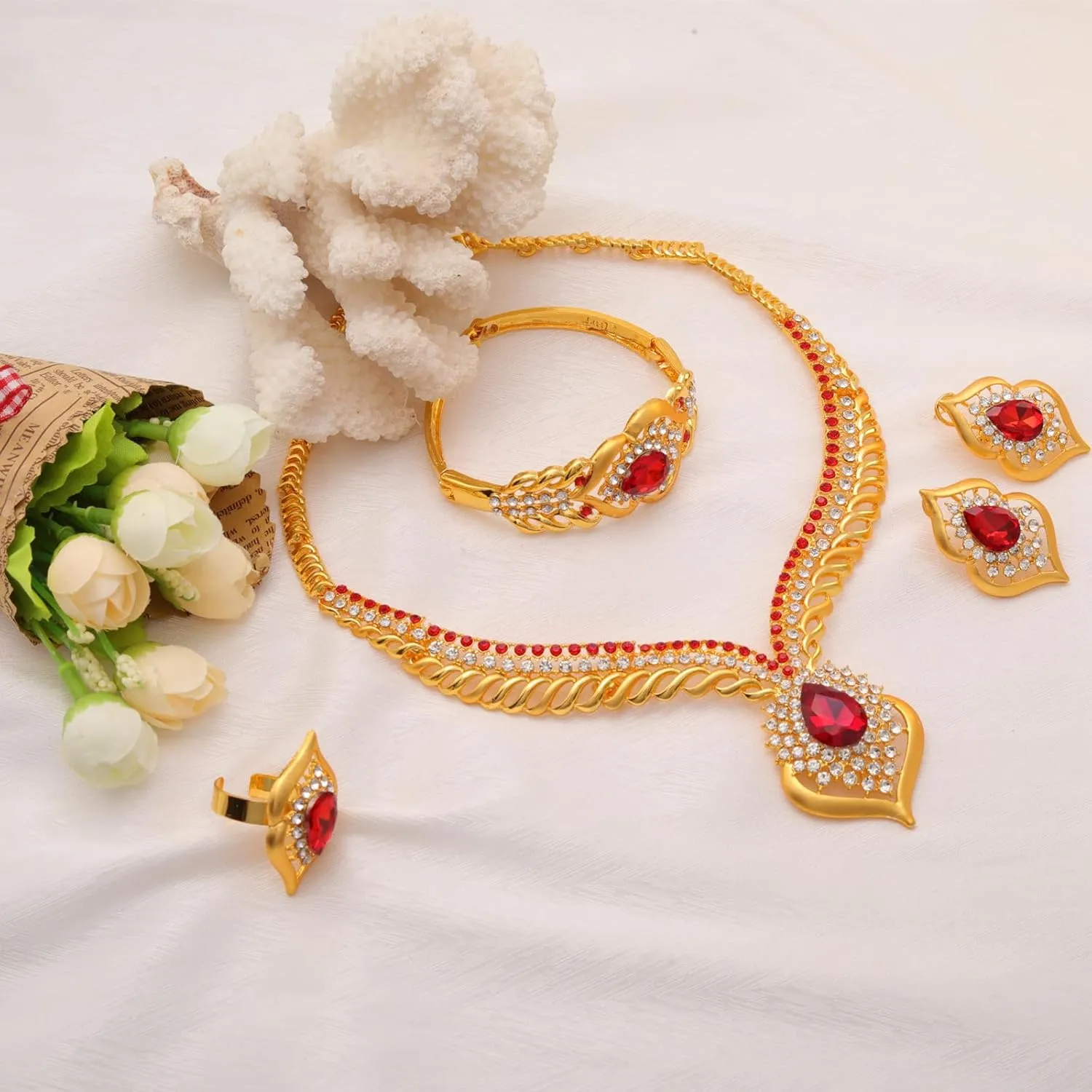 Gold Jewelry Sets for Women,Dubai Statement Necklaces Gold Bracelets Open Hoop Earrings Ring Fashion Crystal Wedding Costume Jewelry Accessories Set Mother's Day Birthday Wedding prom