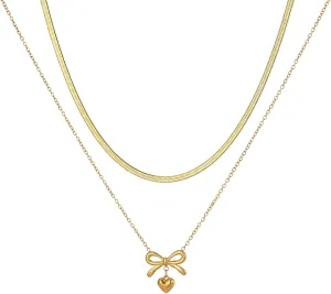 Gold Necklace for Women, Bow Necklace 14K Layered Herringbone Chian Dainty Bow Pendant Choker Necklace Trendy Chain for Women Jewelry Gift