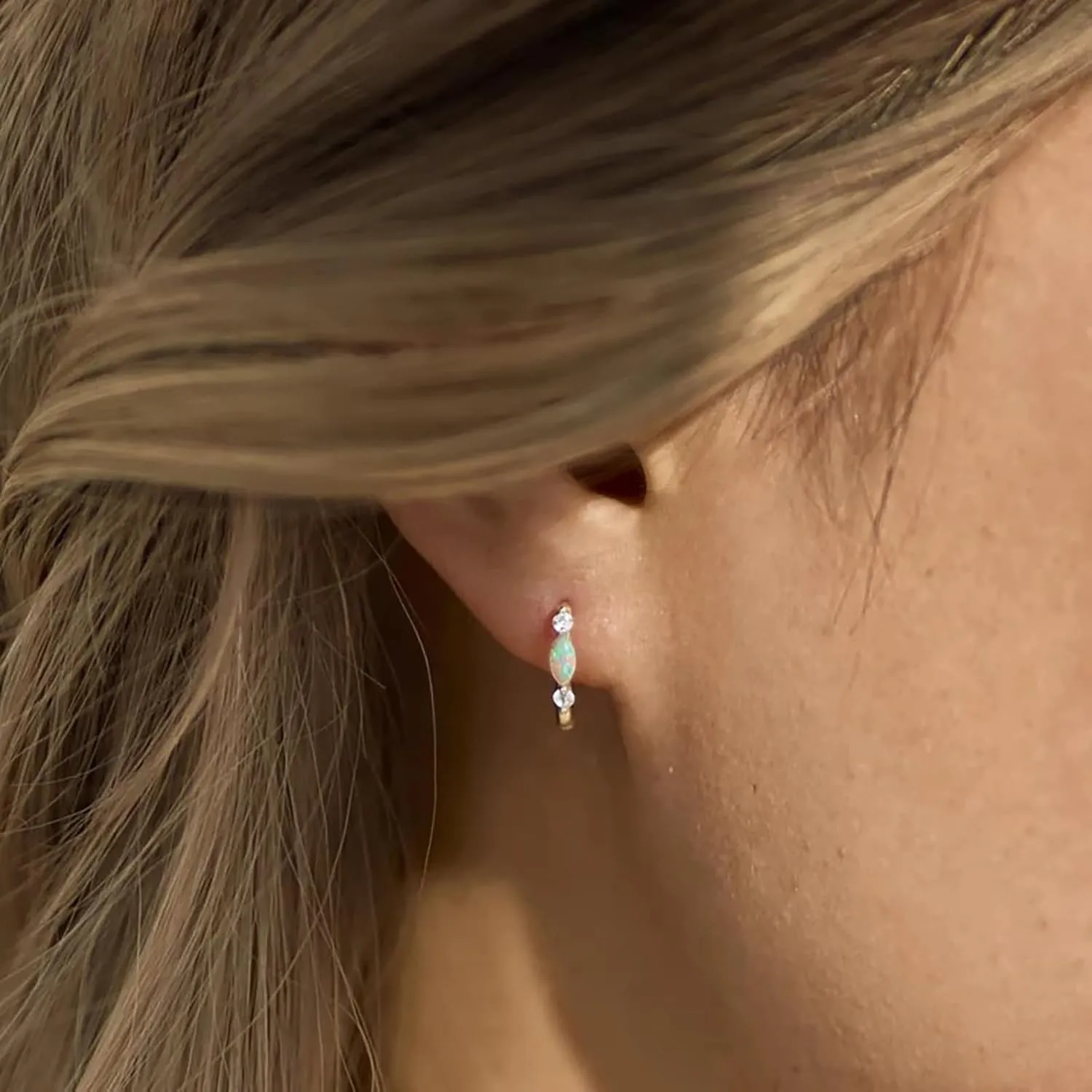 Gold Opal Huggie Earrings for Women, Minimalist Small Hoop Earrings with Zircons